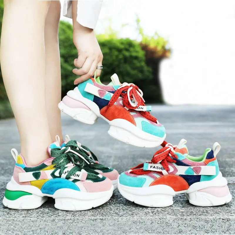 6cm Air Mesh Synthetic Women Chunky Sneaker Designer Luxury Novelty Summer Mixed Color Genuine Leather Vulcanize Fashion Shoes