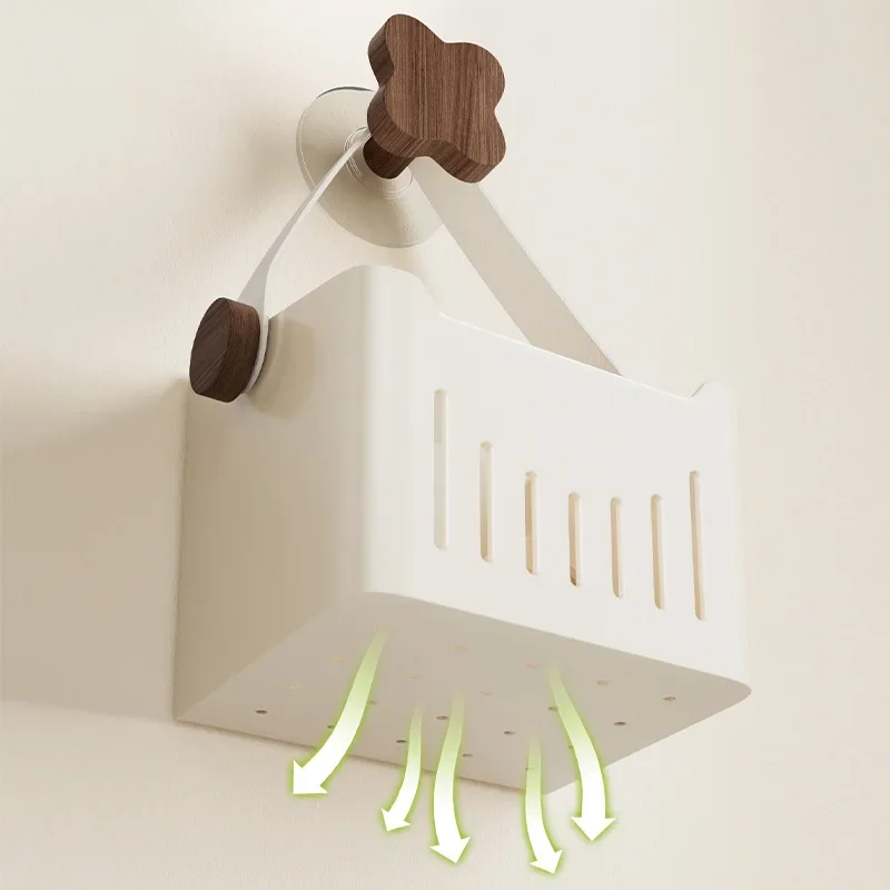 Walnut wood kitchen onion, garlic and ginger storage box suction cup shelf wall hanging basket no punch 4