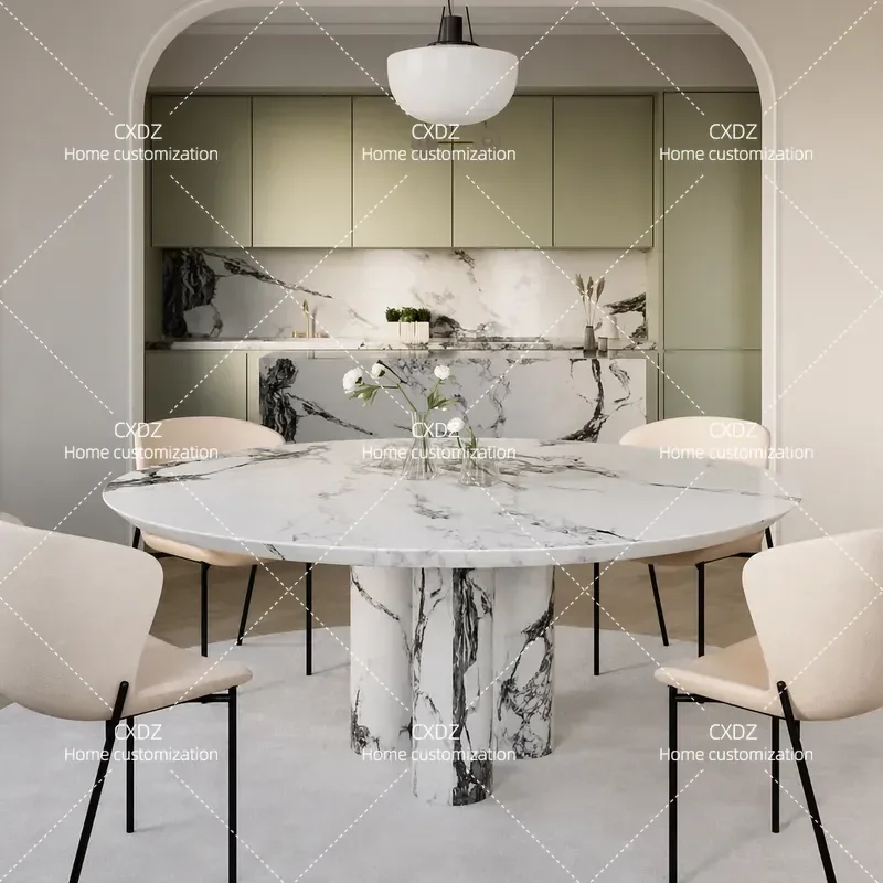 Natural Marble Round Dining Table Travertine High End Minimalist Restaurant Hotel Furniture