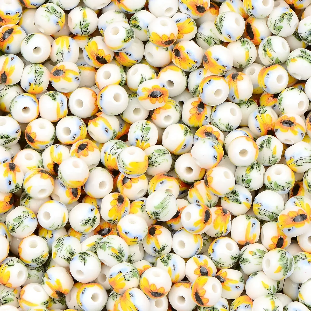 20pcs 0.8cm Sunflower Patterns Decal Round Ceramic Beads For Jewelry Making DIY Handmade Necklace Bracelet Accessories