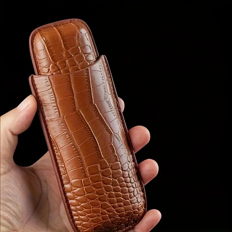 Luxury Crocodile Embossed Leather Cigar Case 2-Finger Portable Humidor Pressure Resistant Cigar Storage Box