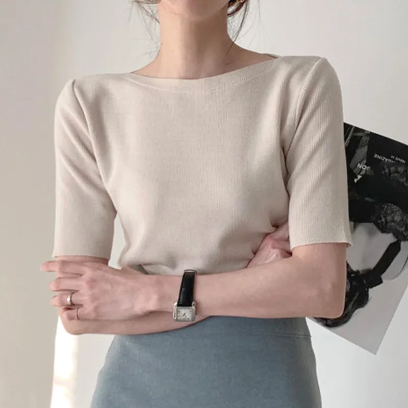 Chic Spring Simple Elegance round Ne Overhead Design Loose Versatile  Color ort Sve Knitted T-irt Korean Sle