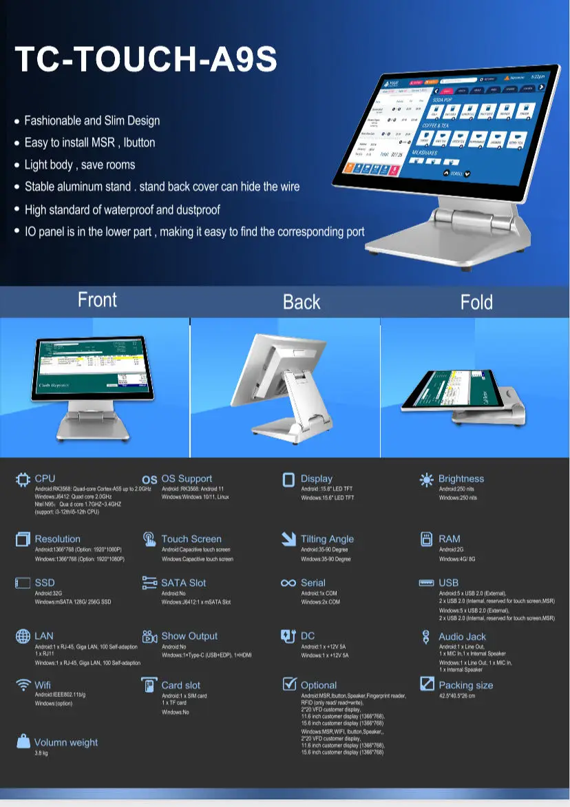2024 A9S منتج جديد نظام Pos جديد للبيع بالتجزئة أندرويد ويندوز 11 Pos آلة سبائك الألومنيوم لوحة رقيقة جدا ماكينة تسجيل المدفوعات النقدية لسطح المكتب