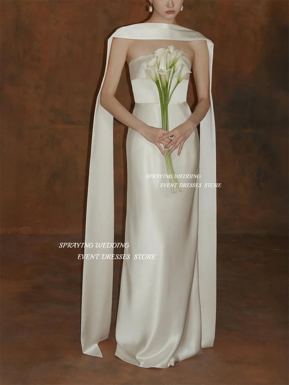 SPRAYING Elegant Champagne Satin Wedding Dress Strapless Sleeveless Bridal Gowns Mermaid Long Wedding Party Dress Customized