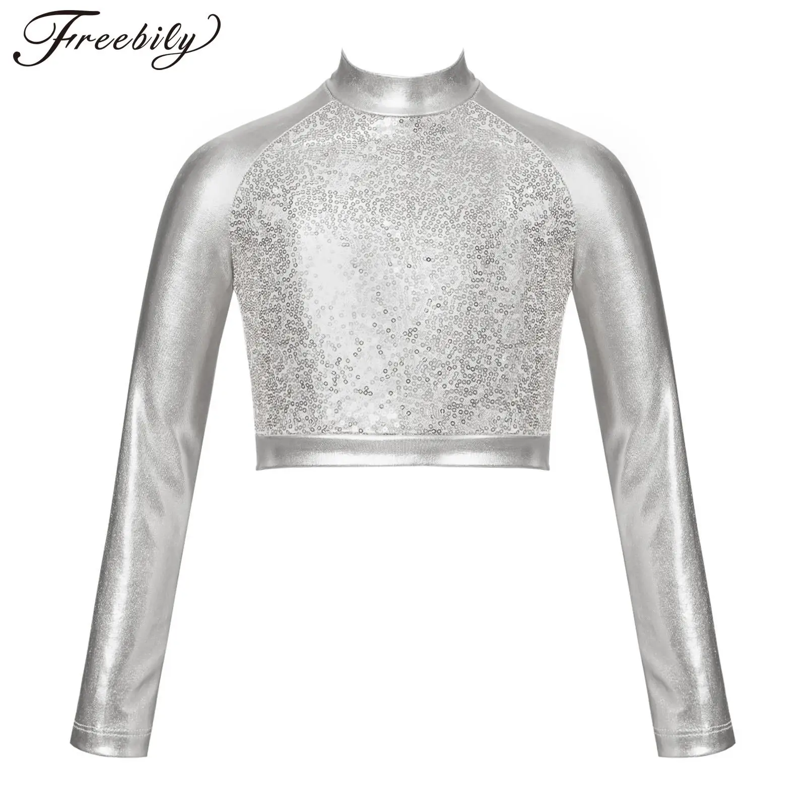 Kids Girls Shiny Metallic Crop Top Mock Neck Long Sleeve Front Sequin Fully Lined Athletic T-Shirts Jazz Hip-hop Dance Tops