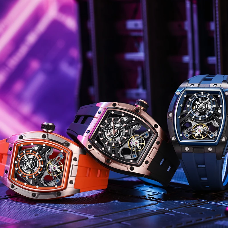 Automatic Men's Sport Watch Mechanical Wristwatch 3Bar Luminous Dial Durable Silicone Strap Tonneau Reloj Hombre OEM 91986