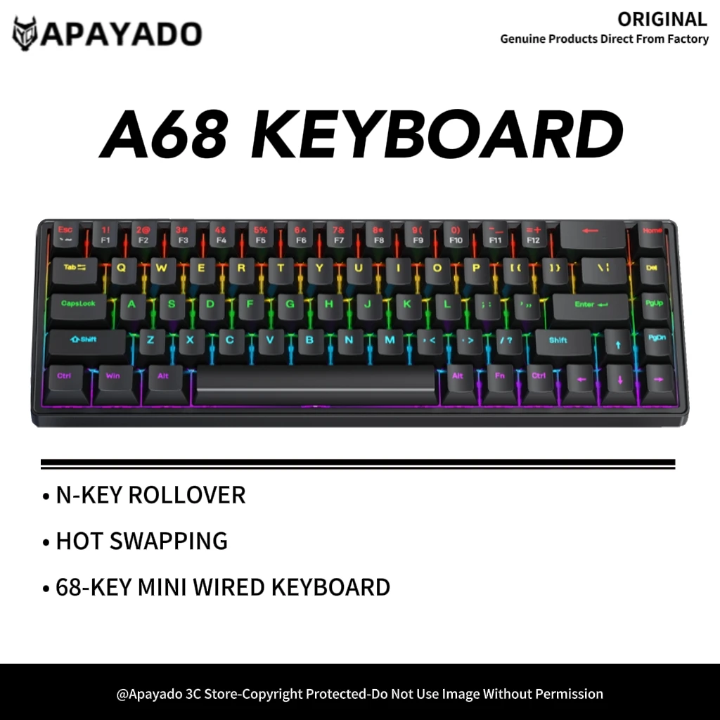

Мини-механическая клавиатура A68, RGB-подсветка APAYADO, полная поддержка N-Key Rollover, клавиши из ABS-пластика, отдельные кабели для клавиш, дизайн с синими/красными переключателями.