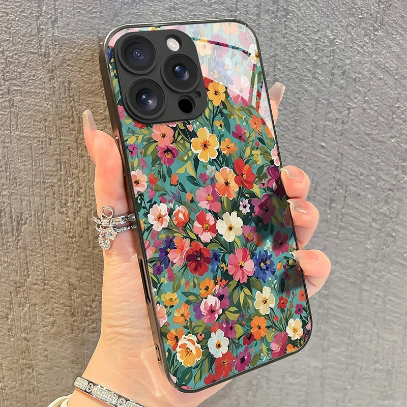 

Style Colorful Floral Pattern HD Tempered Glass Phone Case For iPhone 17 16 15 14 13 12 11 Pro Max 16E 7 8 Plus XR XS X Cover