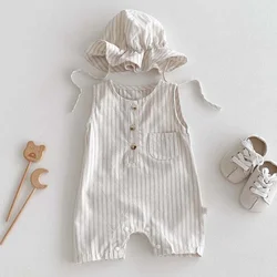 2025 New Summer Newborn Baby Boys Girls Romper+Hat Sleeveless Cotton Stripe Toddler Baby Girls Jumpsuit 0-24M Baby Clothing