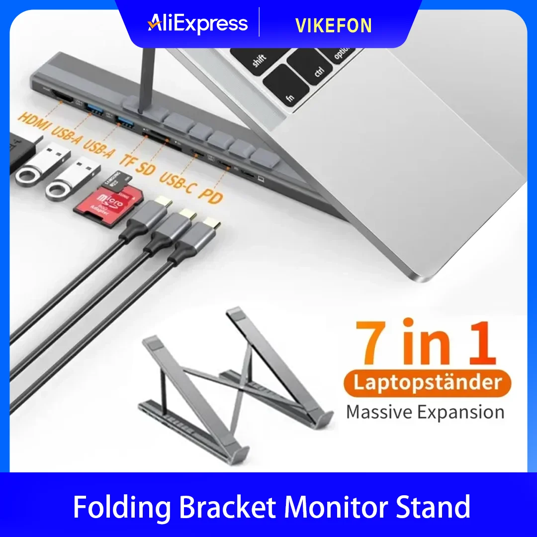 

Laptop Stand with USB C 3.1 HUB USB 3.0 7 in 1 4K HDMI-Compatible SD TF Card Reader Adjustable Portable for Macbook Notebook