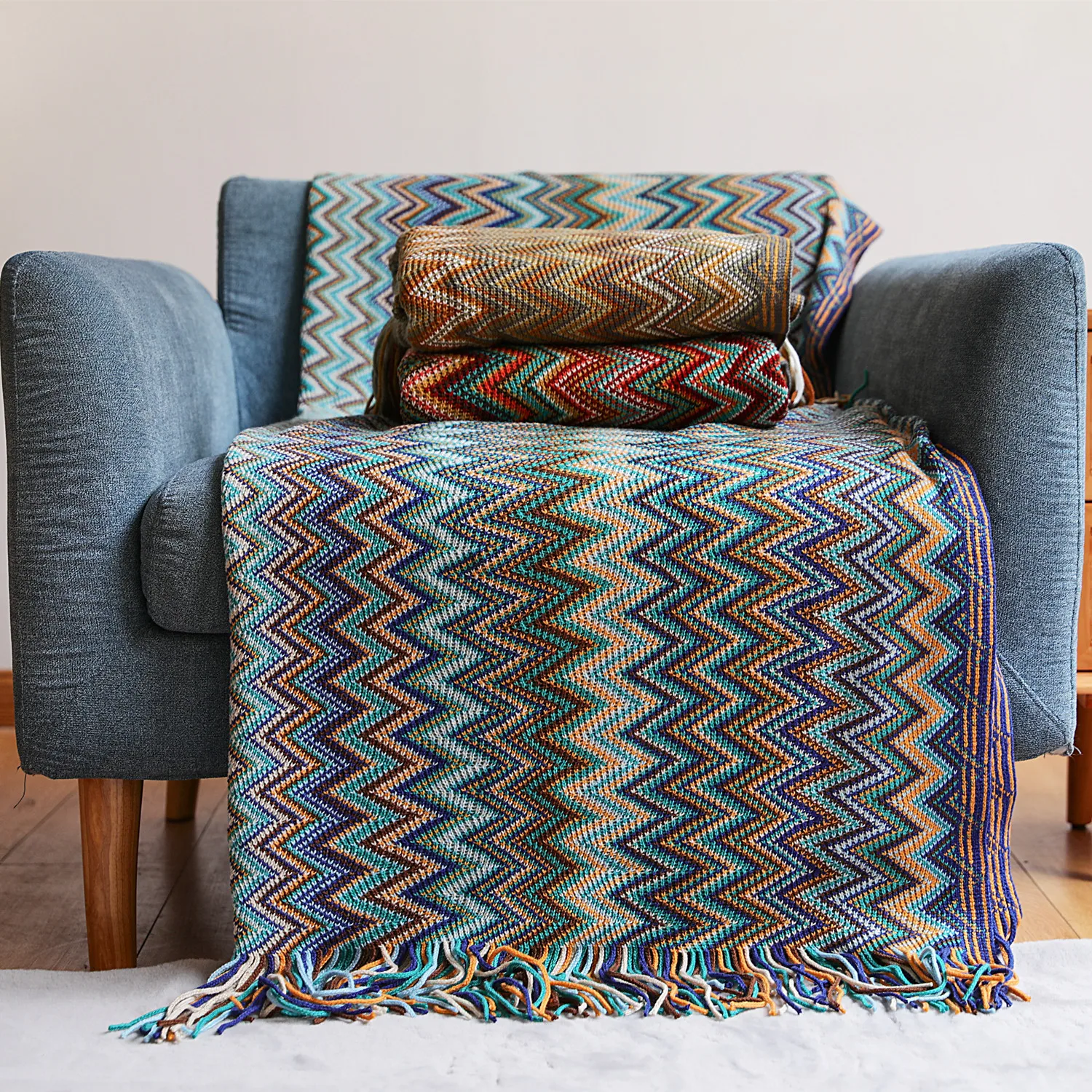 Textile City Bohemian Geometric Zigzag Chevron Woven Throw Blanket Colorful Fringed Retro Jacquard Blanket for Sofa Couch Decor
