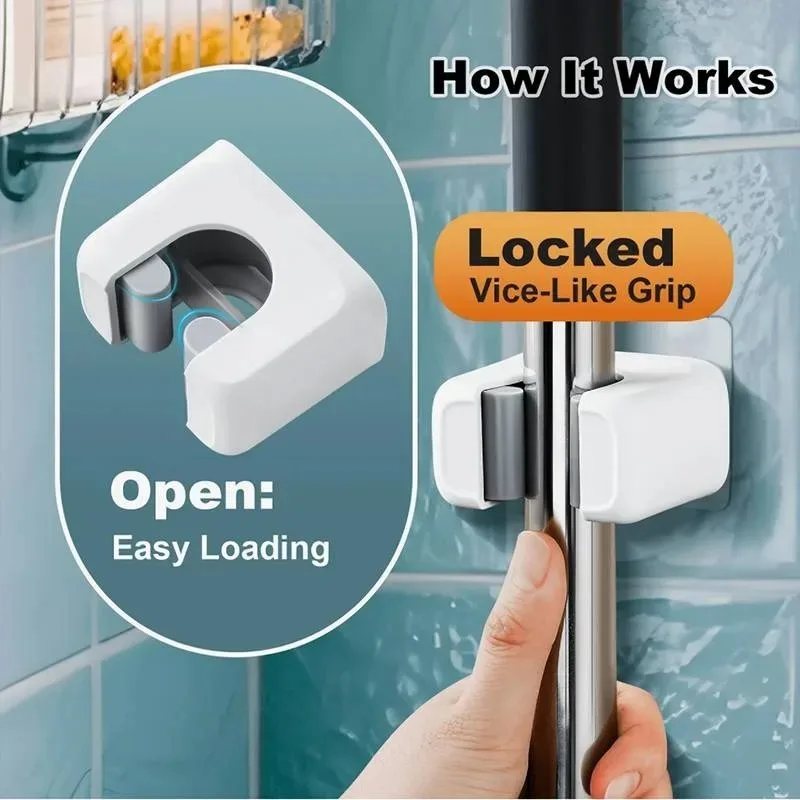 1/4 PCS Non Drilling Self-Adhesive Wall Mounted Mop Broom Holder Easy to Install, Kitchen, Bathroom, Home Cleaning Storage Hook