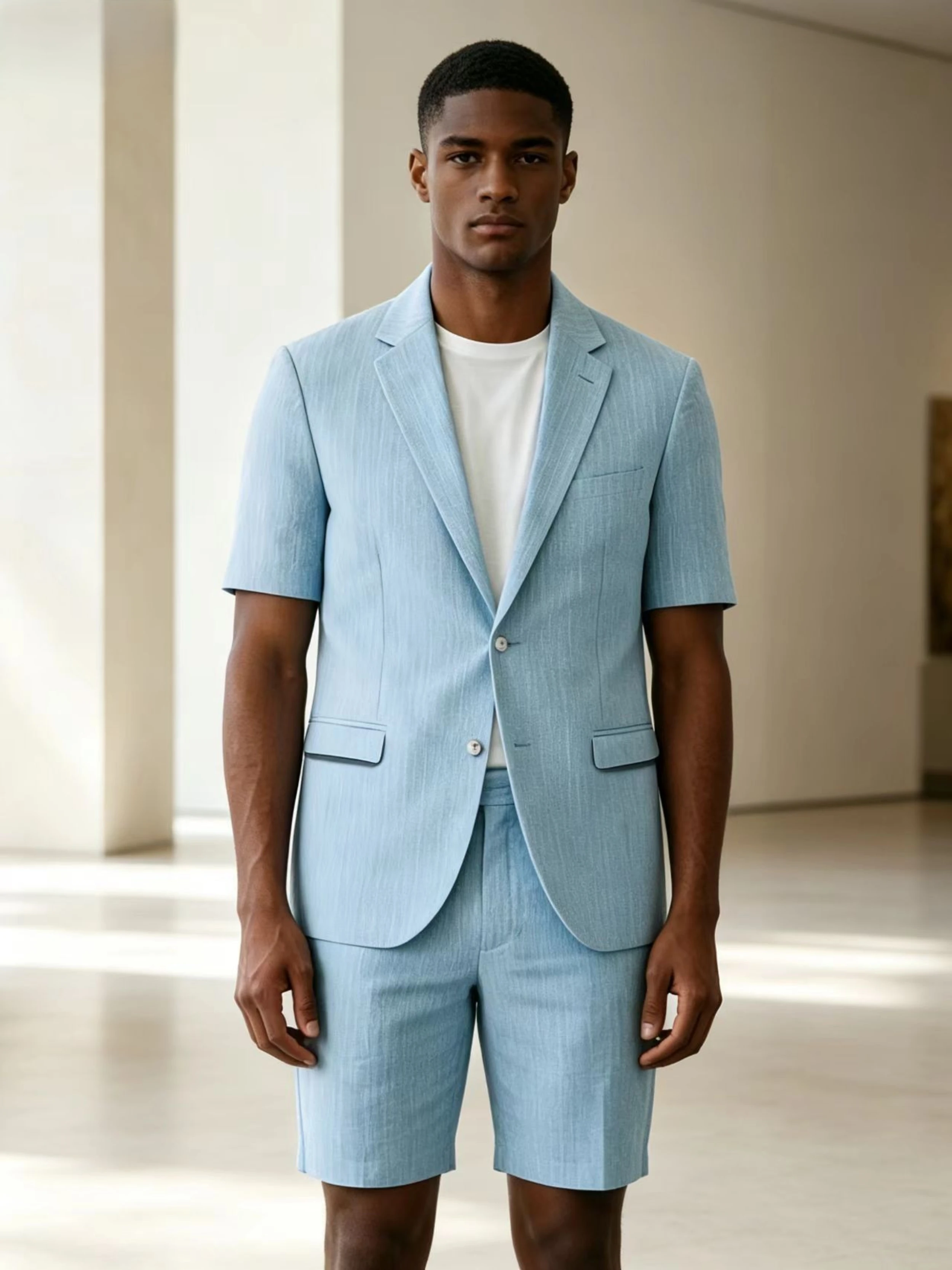 

Мужской летний костюм из льняной смеси: пиджак с коротким рукавом и шорты, 2 предмета, приталенный крой, повседневный/формальный стиль