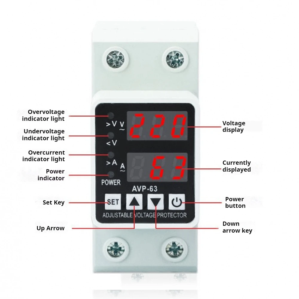 

40A 63A 220V Din-рейка Регулируемое защитное устройство от перенапряжения и пониженного напряжения Реле защиты от перегрузки по току