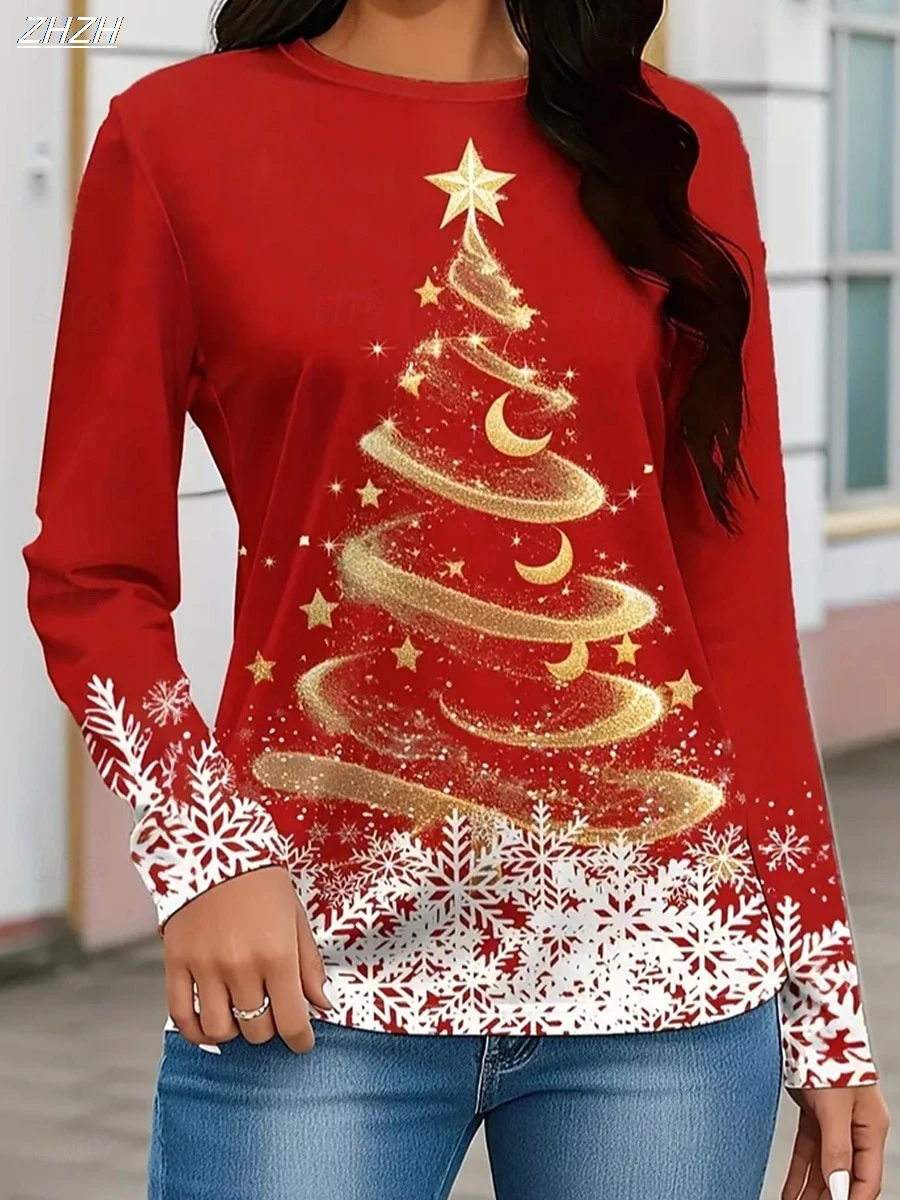 

Women's T Shirt Christmas Tree Graphic Vintage Fashion Stylish Snowman Long Sleeve Crew Neck Regular Tops Print Fall Winter