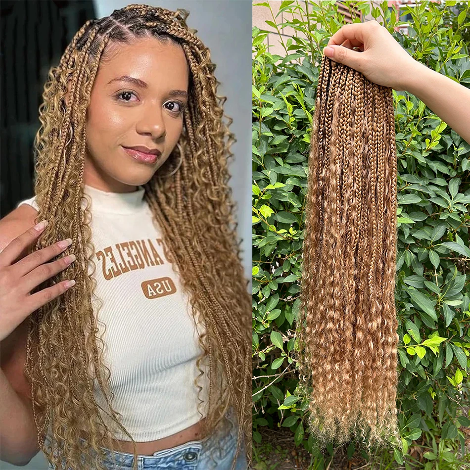 Color 27# Boho Box Braids Crochet With Human Hair Curls Synthetic Braiding Pre-looped Goddess Hair Extensions Boho Braids