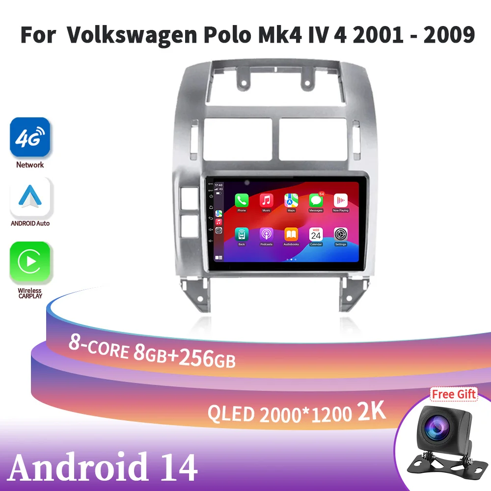 

Android 14 For Volkswagen Polo Mk4 IV 4 2001-2009 Carplay Car Auto Radio Multimedia Touch Screen Stereo 4G GPS Navigation WIFI