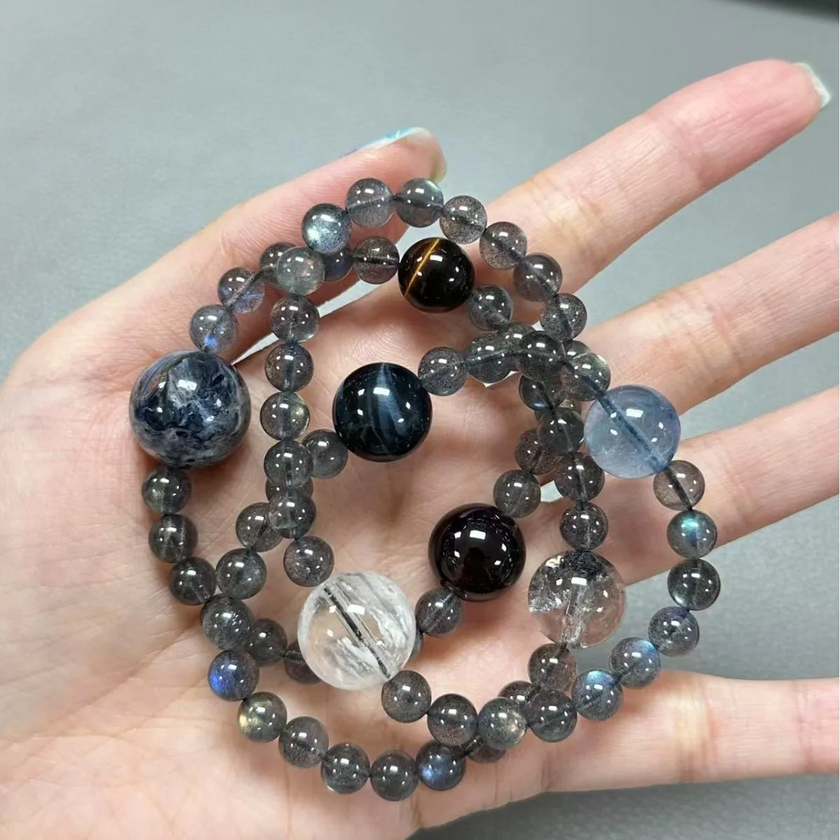 Gelang Batu Bulan Hitam Alami, Gelang Aquamarine, Multi-Permata, Modis dan Serbaguna untuk Wanita, Aksesoris