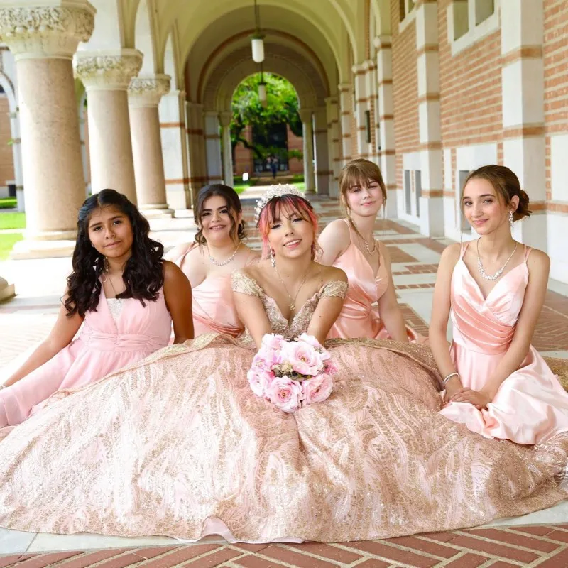 Vestido para quinceañeras de oro rosa, cuello en V, manga casquillo, Apliques de encaje, lentejuelas, fiesta de graduación, vestido de fiesta de princesa, dulce 16 personalizado