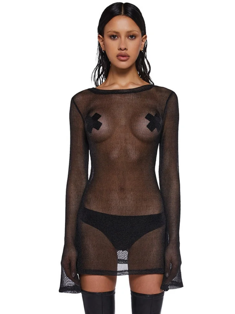 女性のためのセクシーな透明なビーチドレス,長袖のボディコン,女性の服,ラウンドカラー,無地,y2k