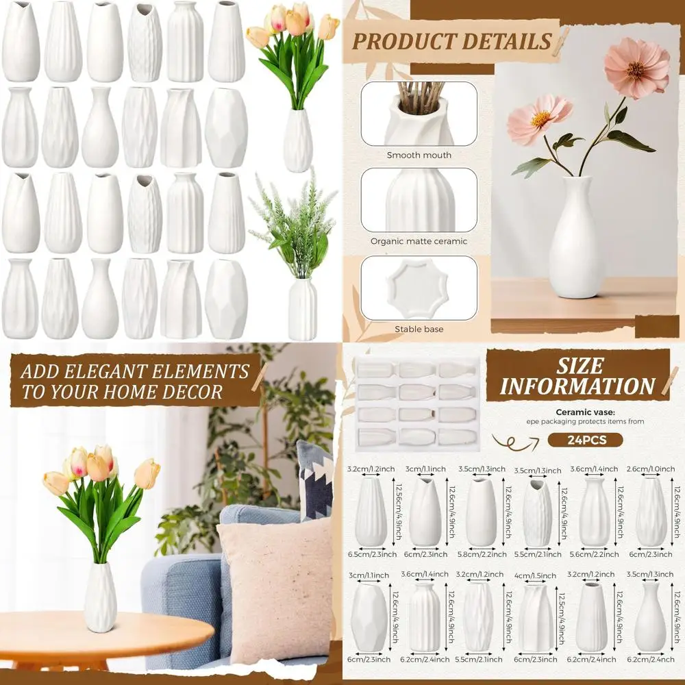 

Набор из 24 белых керамических вазок диаметром 5 дюймов для декора в стиле бохо-рустик, свадебных композиций или украшения домашнего обеденного стола своими руками