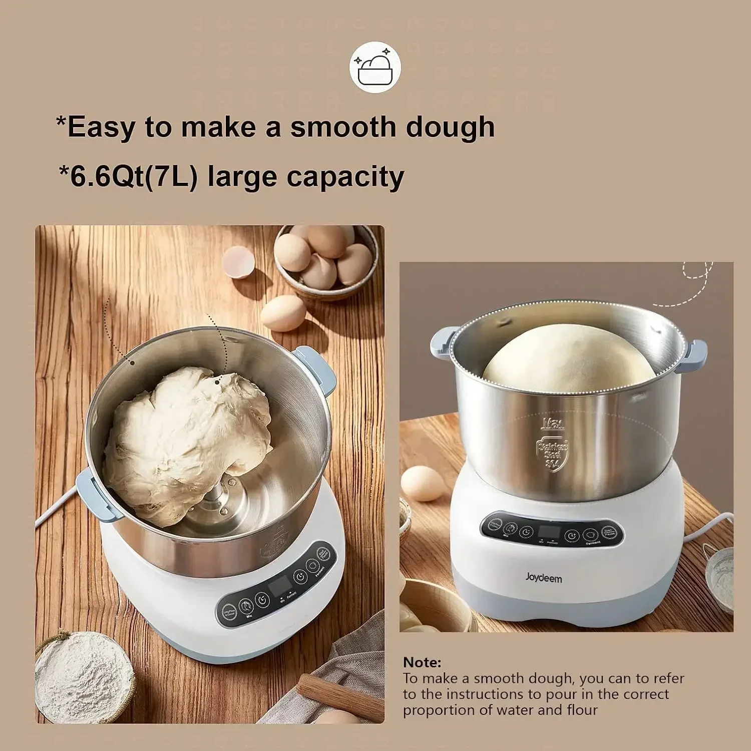 Joydeem Electric Dough Maker with Ferment Function, Microcomputer Timing, Face-up Touch Panel, 6.6Qt, 304 Stainless Steel