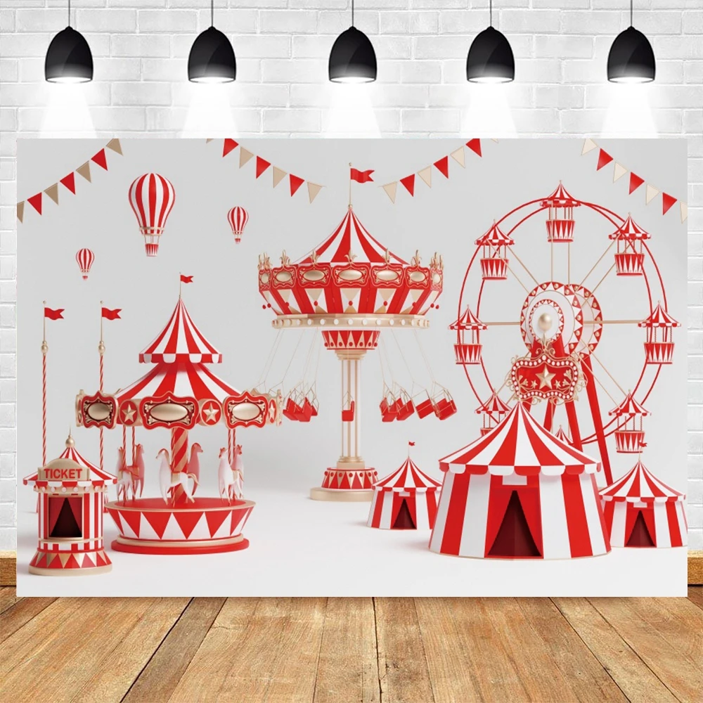 

Circus Theme Backdrop for Photography Red Tent Ferris Wheel Carousel Hot Air Balloon Baby Birthday Party Background Decor Banner