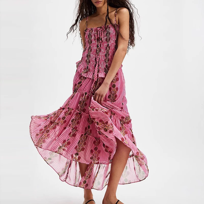 

Summer New Tube Top Suspender Floral Print Dress Elegant Sleeveless Pleated Beach Dress Vintage Leisure Irregular Bohemian Dress