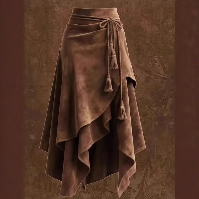 American Retro Asymmetry Suede Midi Skirt for Woman Bohemian Style Rope Vintage Autumn Winter Retro Street A-Line Skirts Lady
