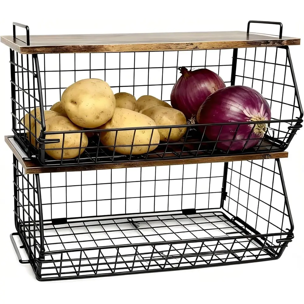 

Упаковка из 2 очень больших органайзеров для кладовой и штабелируемых держателей для мешков для мусора, корзина-органайзеры для прачечной с деревянной столешницей, настенная стойка