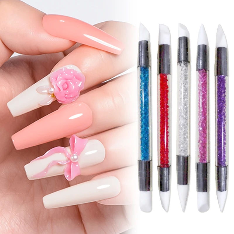 1 قطعة المزدوج نهاية مسمار الفن سيليكون النحت القلم ثلاثية الأبعاد نحت لتقوم بها بنفسك بريق مسحوق السائل مانيكير التنقيط فرشاة مسمار أدوات