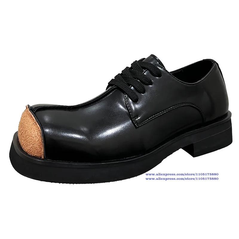 أحذية ديربي بمقدمة مربعة من الجلد الأسود أحذية برباط للرجال على الطراز البريطاني القديم أحذية رجالية عصرية فاخرة ذات نعل سميك