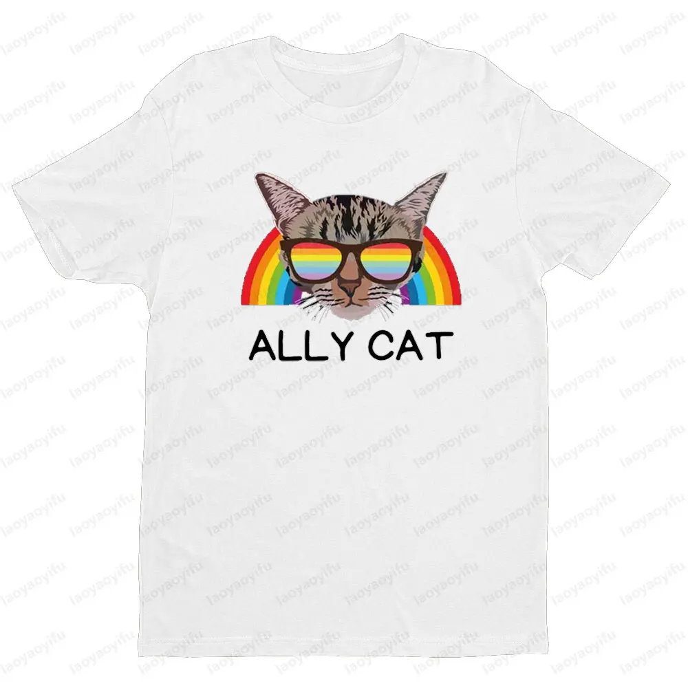 Rainbow Pride Ally Cat T Shirt Retro LGBTQ Graphic Short Sleeve Gay Pride T-Shirt Funny Cat Lover Gift Women Men Summer Tee Tops
