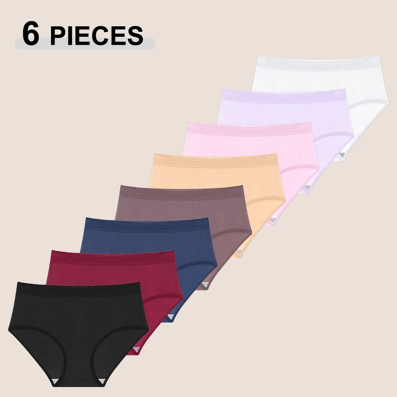 6PCS Women's Plus Size Lace Panties Seamless Solid Color Sport Cozy Physiological Underwear Female Breathable Elastic Lingerie