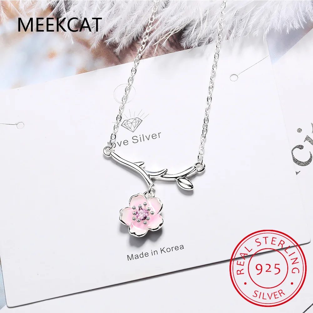 925 Sterling Silver Pink Cherry Blossom Necklaces Fashion Daily Jewelry Flower Pendant Necklace Colar de Prata S-N437