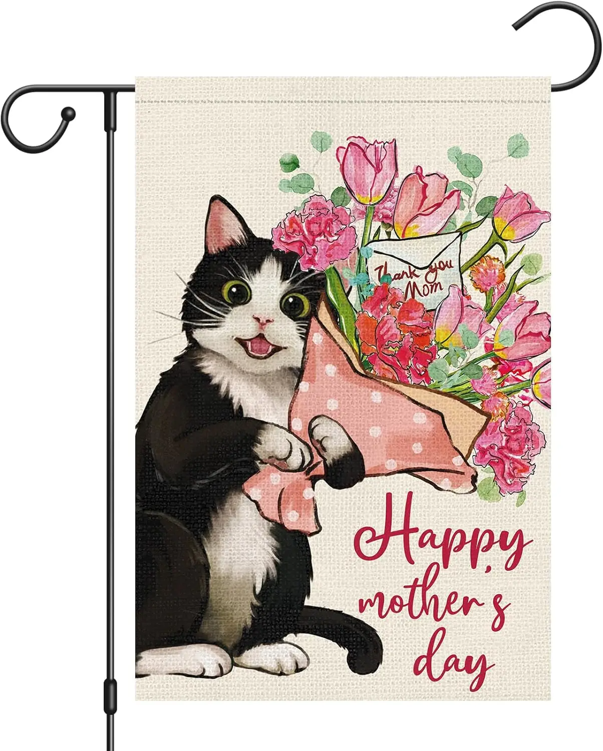 

Happy Mother's Day Garden Flag 12x18 Double Sided Burlap, Small Vertical Cat Garden Flags Flower Thank You Mom Yard Flags fo