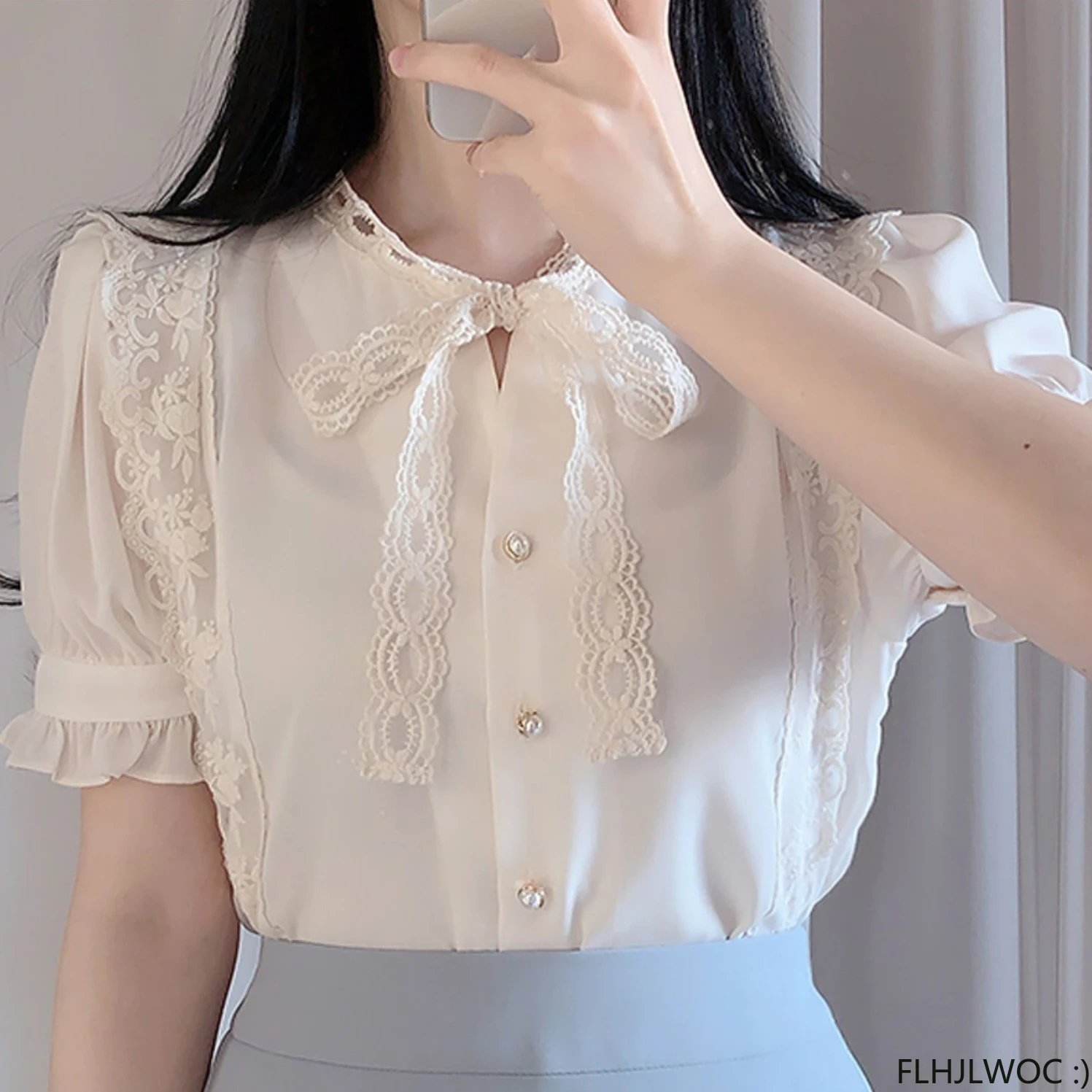 Cute Sweet Girls Japan Korea 2022 Woman Ribbon Bow Tie Retro Vintage Tops Blusas Preppy Style Ruffles Lace White Button Shirts