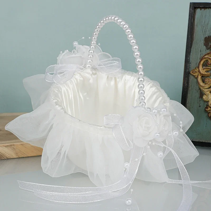 1pc Flower Girl Baskets Fairy Lace Bowknot Wedding Basket Lvory Petal Confetti Candy Party Supplies Fruit Basket Home Decoration image 3