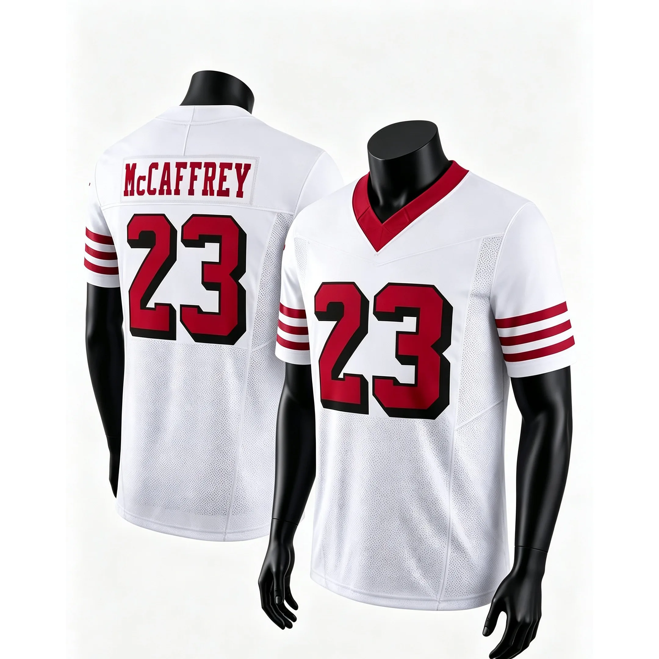 Männer # 23 McCaffrey Rotes Heim-Fußballtrikot mit Namen und Nummer, Drei-Streifen-Ärmel, V-Ausschnitt, Atmungsaktiv, für Sportfans, Passend für die Familie – Detail 6