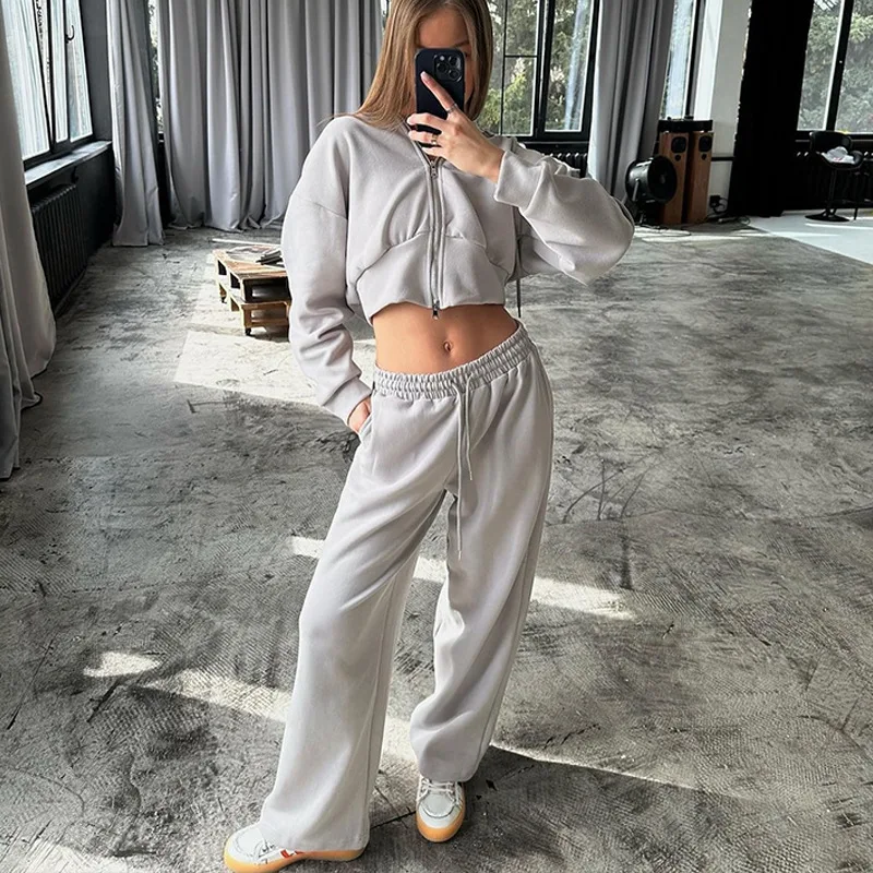 Women\'s Tracksuit Solid Hoodies Pants Long Sleeve Zippers Coat Wide Leg Drawstring Trousers  spring Autumn Fashion Lady Set