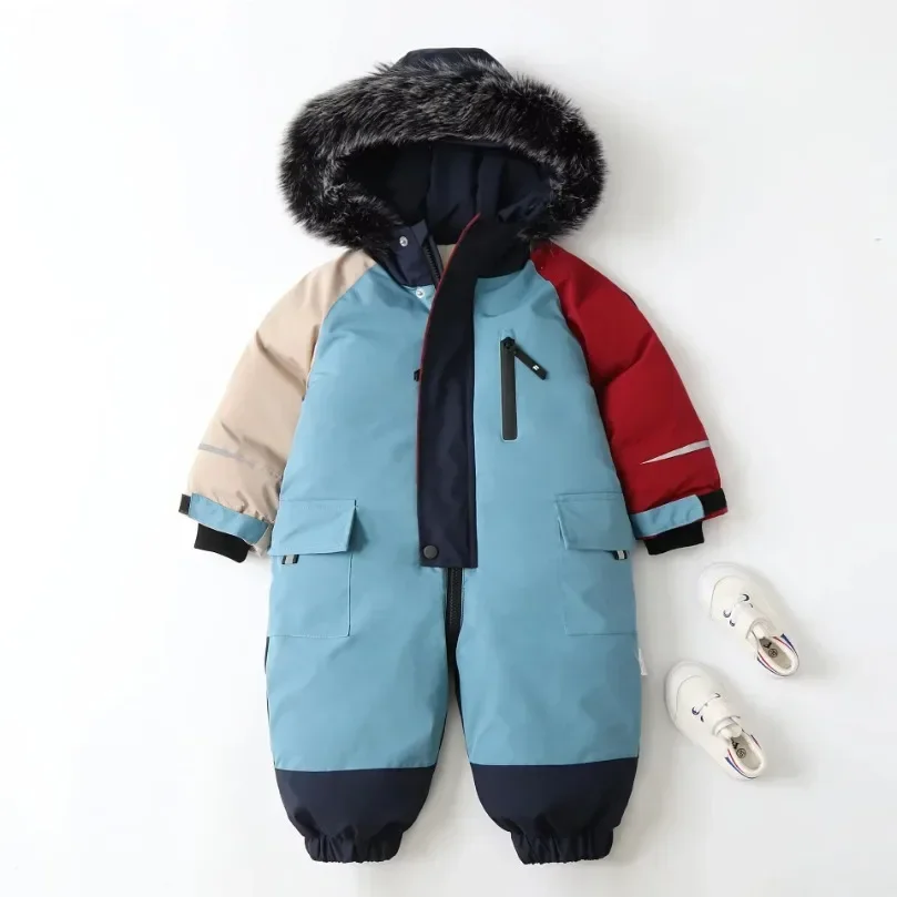 Children's Winter Ski Suit Thicken Boys Hooded Jumpsuit Waterproof Warm 2-5Y New Overalls Kids Snowboard Clothing