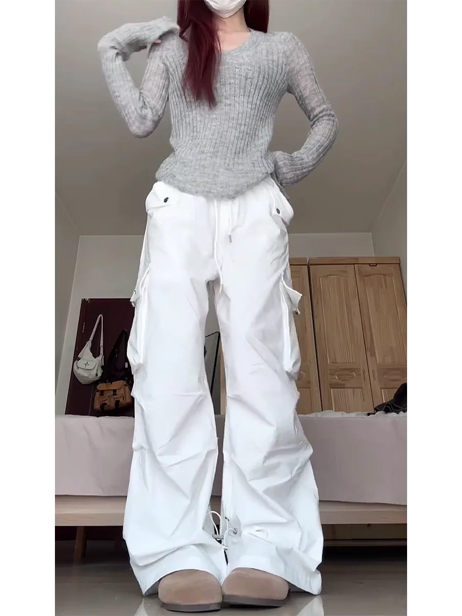 아메리칸 레트로 워크 팬츠, 여성 디자인 센스, 화이트 캐주얼 팬츠, 자외선 차단, 속건성, 와이드 레그, 바이브 패러트루퍼스