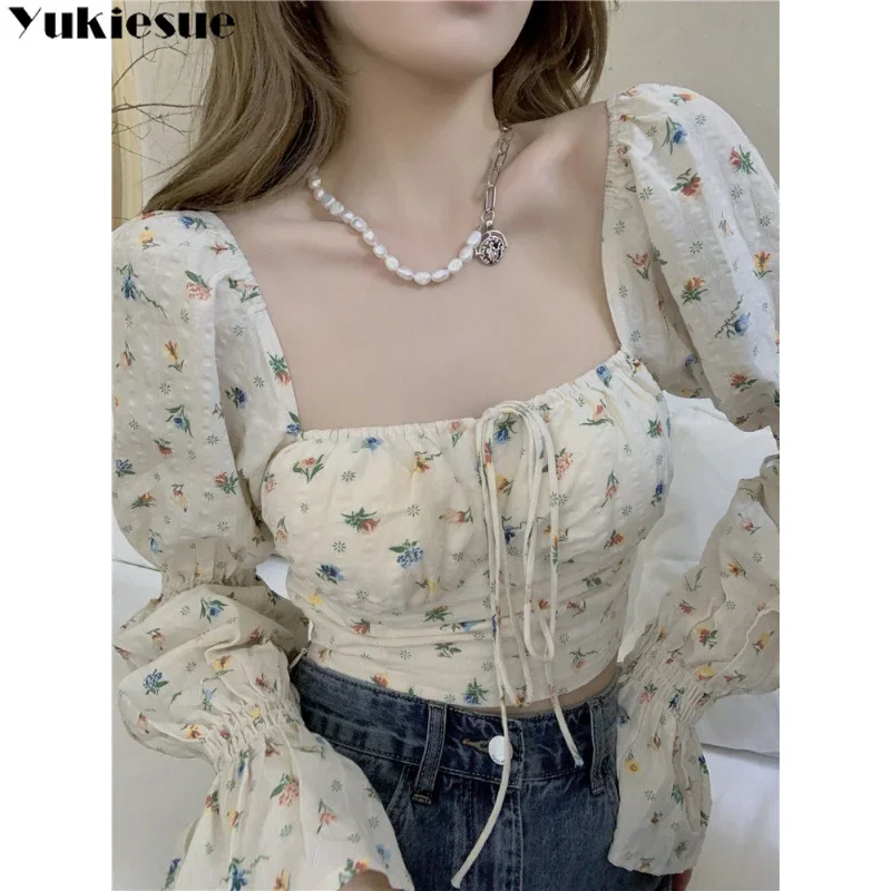 Colletto quadrato Chic Stampa Sexy Slim Estate All-match Stile coreano Tenero Camicette corte Donna Manica lunga svasata Abbigliamento da donna