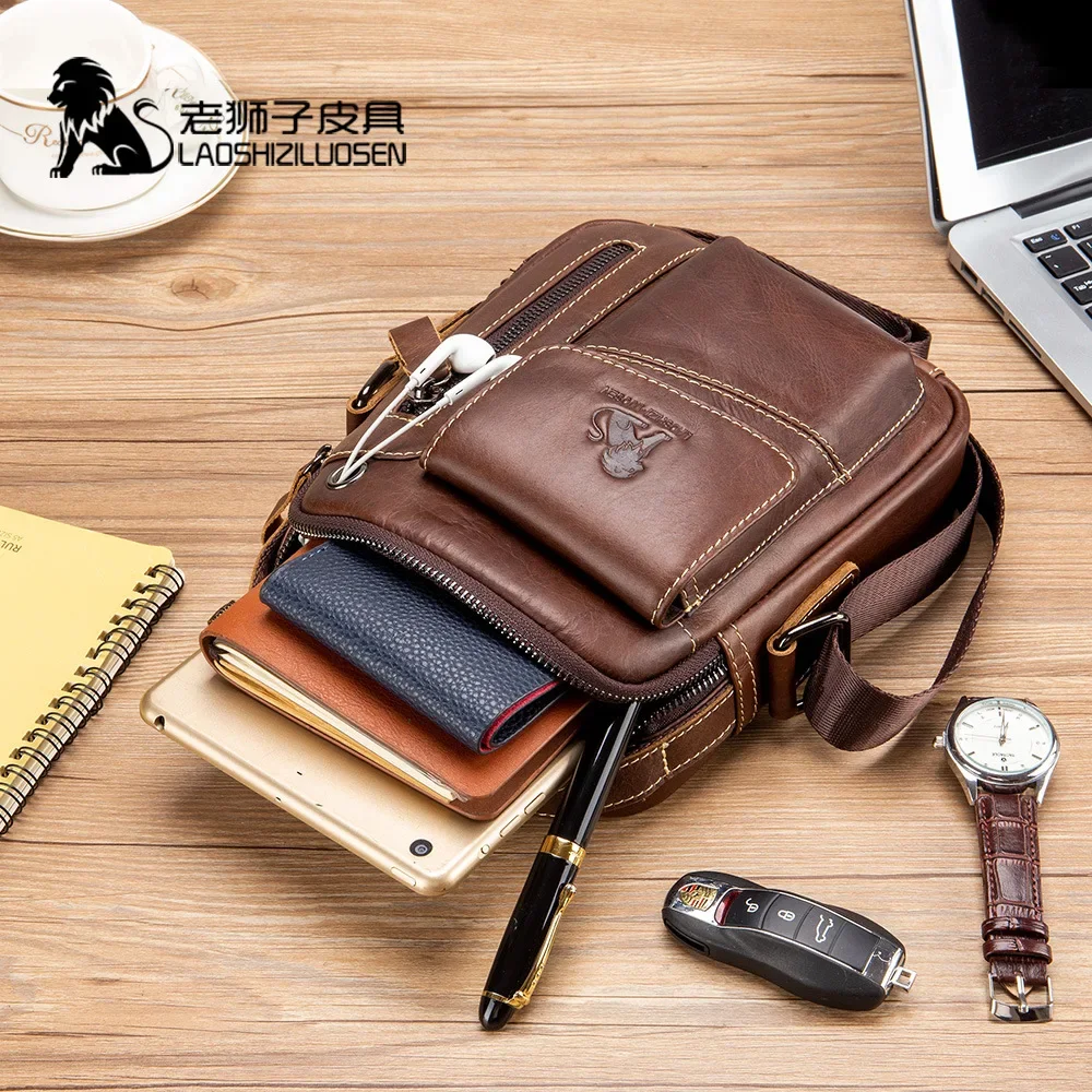 LAOSHIZI حقيقية جلد البقر حقيبة ساعي الرجال حقيبة يد الصدر Crossbody حقيبة كتف حقيبة رجالية Tas الأعمال الصغيرة الذكور Bolsas كيس