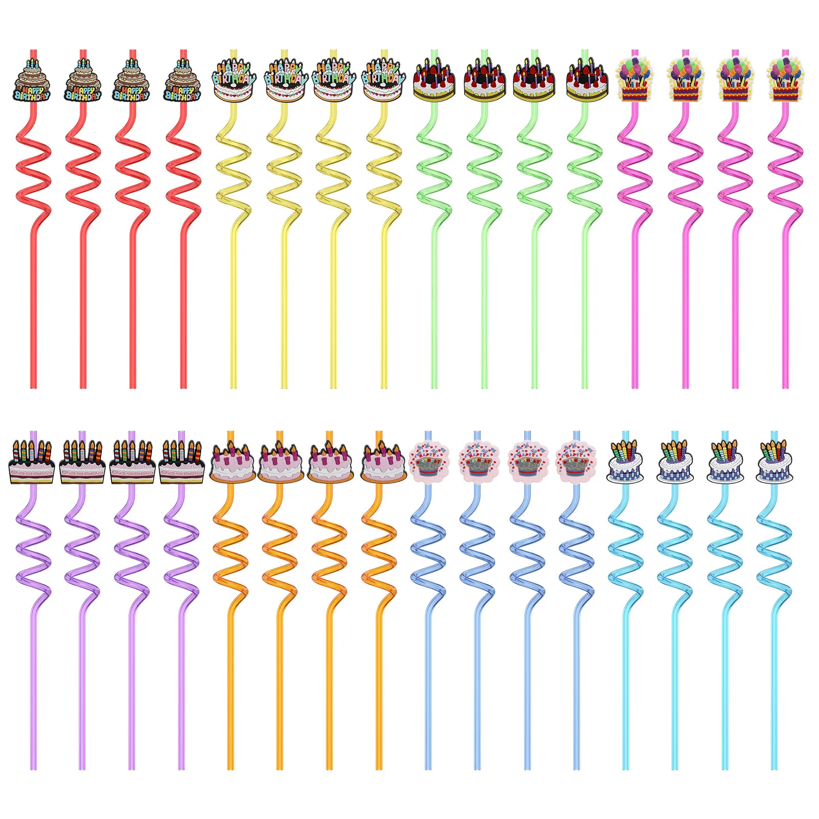 

32Pcs Reusable Drinking Straws Cartoon Themed Straws Set - Birthday Party Decorative Supplies Fun Gifts for Kids Spiral Straw