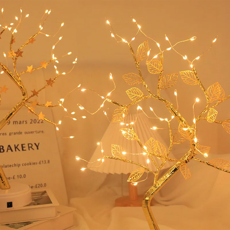 Christmas Tree Light LED Firefly Copper Wire Pearl Tree Light Indoor Decor Night Light Warm White Battery Powered For Decoration