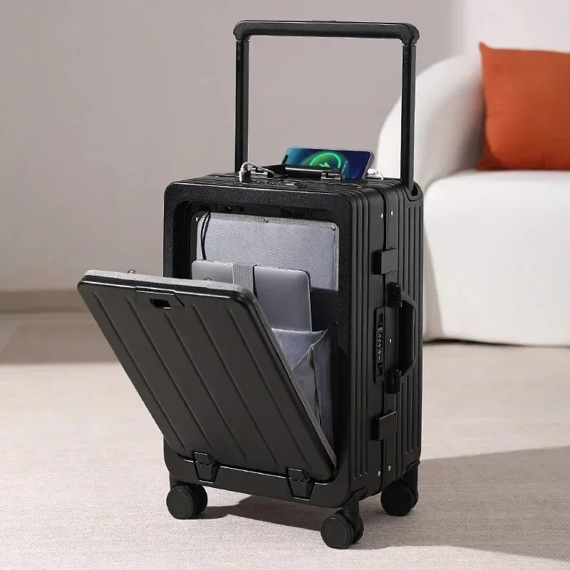 20 24 26 Inch Trolley Suitcase Luggage Universal Wheels Front Open Business Travel Rechargeable Boarding Aluminum Frame Box