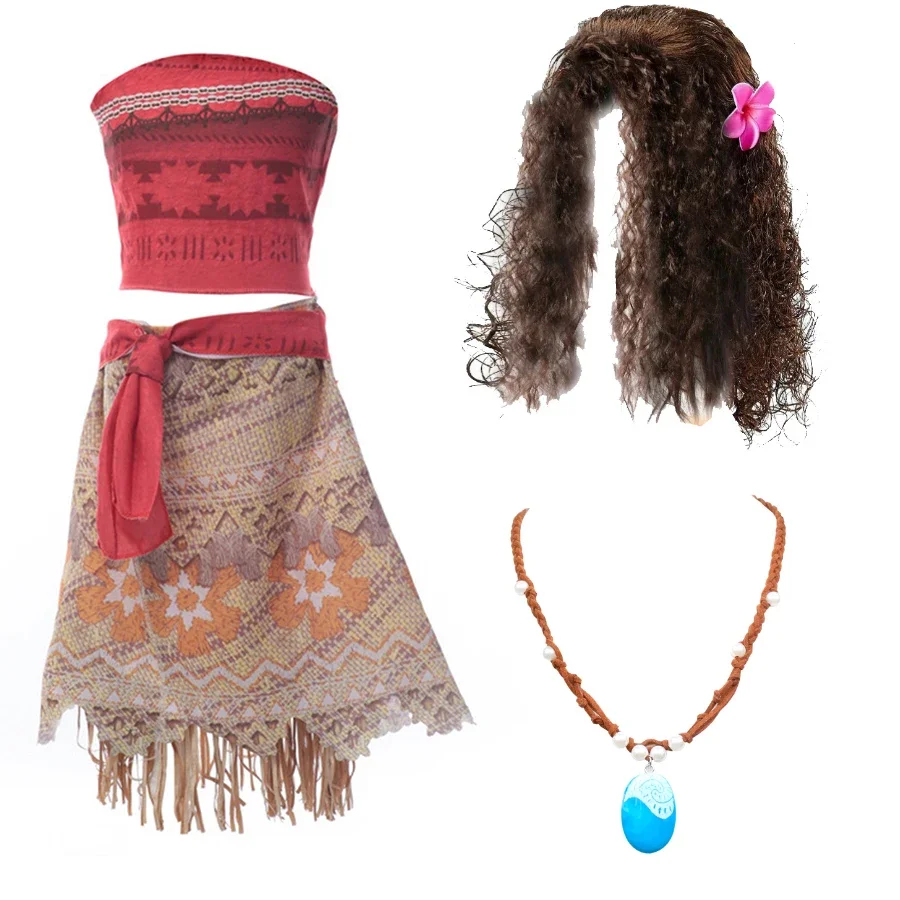 Girls Moana Princess Dress Cosplay Costume with Necklace Wig Set Halloween Costume Children Birthday Party Clothes
