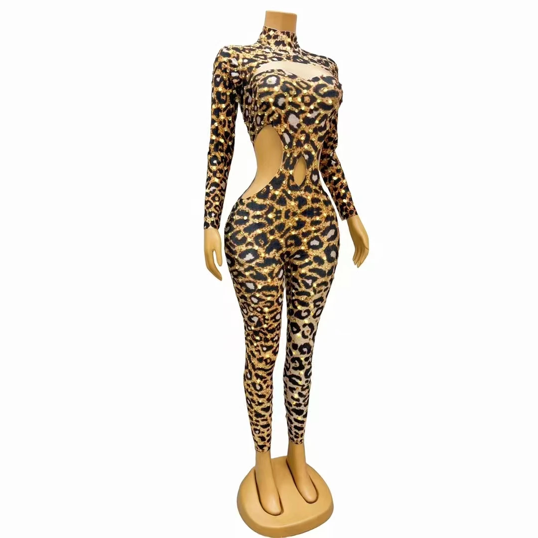 Sexy Leopard Print Crystals Jumpsuit Hollow Waist Rhinestones Nightclub Bar Club Stage Wear Skinny Elastic Performance Clothes