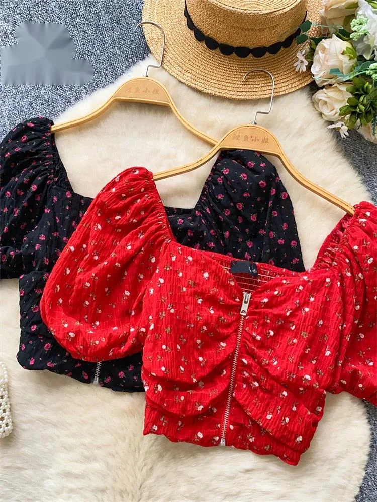 

Vintage Floral Holiday Top Summer Puff Sleeve Zipper Design Spicy Girl Shirts Female Trendy Bohemian Hotsweeet Blouses